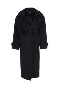 Černý vlněný kabát s páskem v pase, širokými klopami a zapínáním na knoflíky na manžetách. Rovný střih s dvěma předními kapsami.