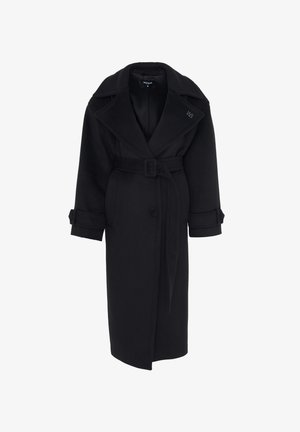 Manteau en laine noir avec taille ceinturée, larges revers et poignets boutonnés. Design droit avec deux poches avant.