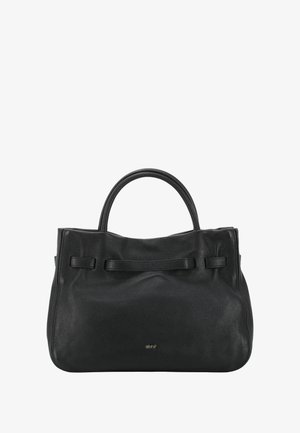 Black leather handbag with a smooth texture, dual short handles, and a subtle brand logo. Rectangular shape and minimalistic design.