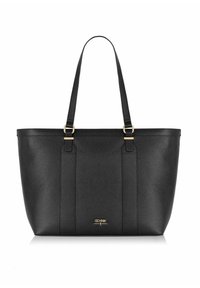 Czarna skórzana torba typu tote o teksturowanym wykończeniu, z dwiema rączkami, złotymi akcentami i prostym, uszeregowanym designem.