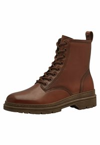 Bottines en cuir marron avec un design à lacets, bout rond, semelle en caoutchouc texturée et une languette à l'arrière. Surface lisse avec des détails de couture.