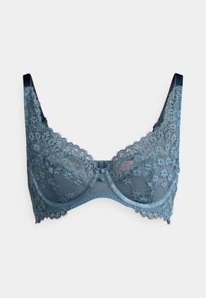 Hálós melltartó tompított türkiz színben, fodros szélekkel, merevítő támogatással és dekoratív gomb részlettel a középen. Szatén pántokkal és kosarakkal.