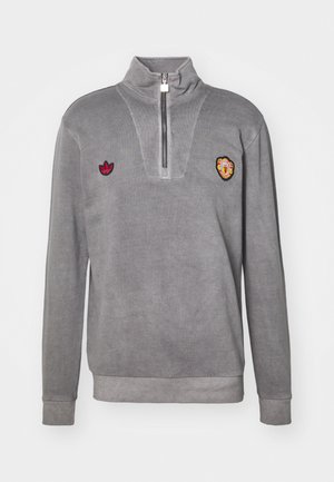 Grijs sweatshirt met hoge kraag, halve rits, twee geborduurde logo's op de borst, en ribgebreide manchetten en zoom. Zachte textuur.