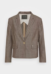 Blazer marron à rayures fines, ajusté, avec une fermeture à un bouton, des revers crantés, des poches à rabat et un détail de col intérieur beige.