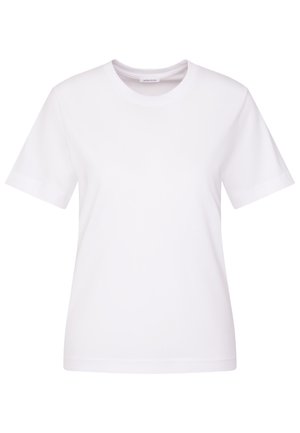 Maglietta bianca in cotone con maniche corte, scollo rotondo e texture liscia. Presenta un design semplice e classico senza motivi o accenti.