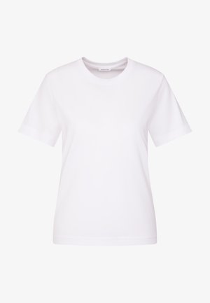 Weißes Baumwoll-T-Shirt mit kurzen Ärmeln, Rundhalsausschnitt und glatter Textur. Es hat ein einfaches, klassisches Design ohne Muster oder Akzente.