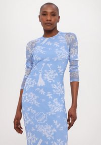 Robe bleu clair avec des motifs floraux et des manches longues en tulle. Présente un col rond et des éléments de design blancs.