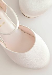 Close-up van een paar zachte roze ballerina's met een gegolfde rand en dunne enkelbandjes op een lichte achtergrond.