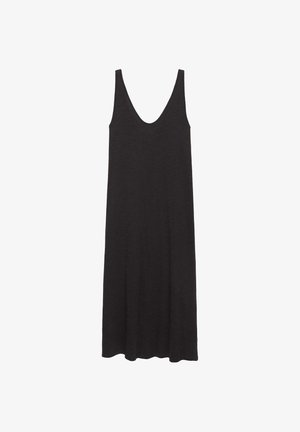 Robe midi noire sans manches avec un décolleté plongeant et une silhouette droite et ample.