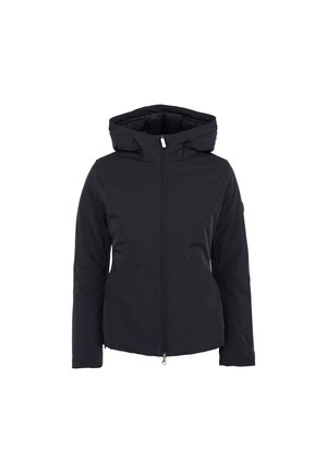Czarna, kapturowa kurtka z zapięciem na suwak z przodu, bocznymi kieszeniami oraz gładkim, wodoodpornym materiałem. Posiada teksturowane akcenty po bokach.