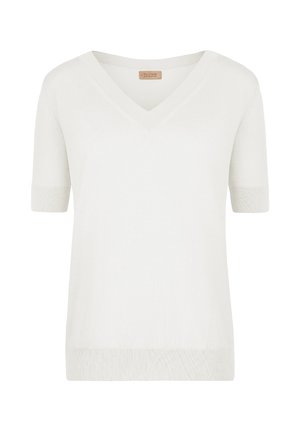 Hvid kortærmet strikket sweater med V-hals, blød tekstur og ribstrikkede detaljer ved kant og ærmer. Simpelt design uden mønstre.