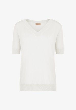 Hvid kortærmet strikket sweater med V-hals, blød tekstur og ribstrikkede detaljer ved kant og ærmer. Simpelt design uden mønstre.