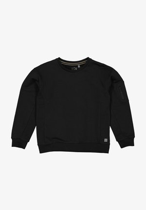 Sweat-shirt noir à manches longues avec col rond, poignets et bas côtelés, avec une poche zippée sur la manche gauche supérieure.