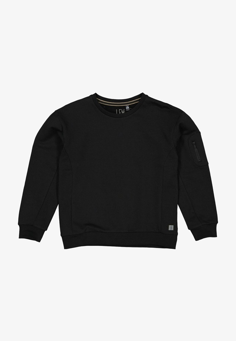 Sweat-shirt noir à manches longues avec col rond, poignets et bas côtelés, avec une poche zippée sur la manche gauche supérieure.