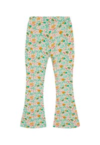 Legginsy rozszerzane, wykonane z miękkiego materiału, z kwiatowym i owocowym wzorem w żywych kolorach żółtym, różowym, zielonym i jasnoniebieskim na kremowym tle.