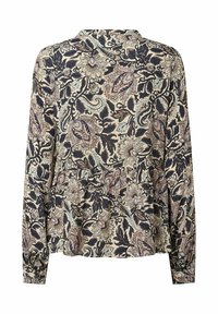 Långärmad blus i blommönster med nyanser av marinblått, rosa och kräm. Tillverkad av lättviktsmaterial med en figursydd midja och samlade detaljer.
