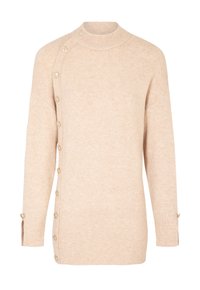 Pull en maille beige clair avec un col rond, présentant une fermeture à boutons sur le côté gauche et des finitions côtelées aux poignets et à l'ourlet.