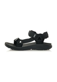 Sandalias negras de exterior con correas ajustables, plantillas texturizadas y suela de goma moldeada, diseñadas para la comodidad y el soporte.