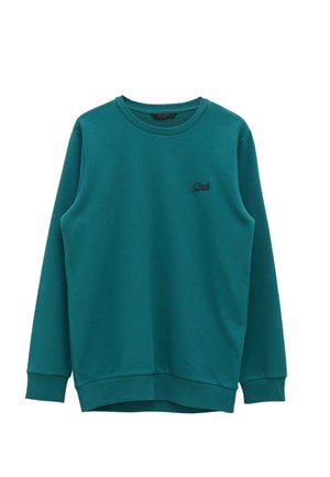 Turkooizen, lange mouwen, ronde hals sweatshirt met geribbelde manchetten en zoom, kleine zwarte geborduurde tekst op de linkerborst, egaal ontwerp.