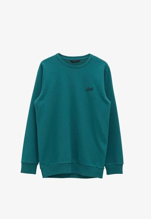 Felpa turchese a manica lunga con scollo rotondo, polsini e orlo a coste, piccolo testo nero ricamato sul petto a sinistra, design semplice.