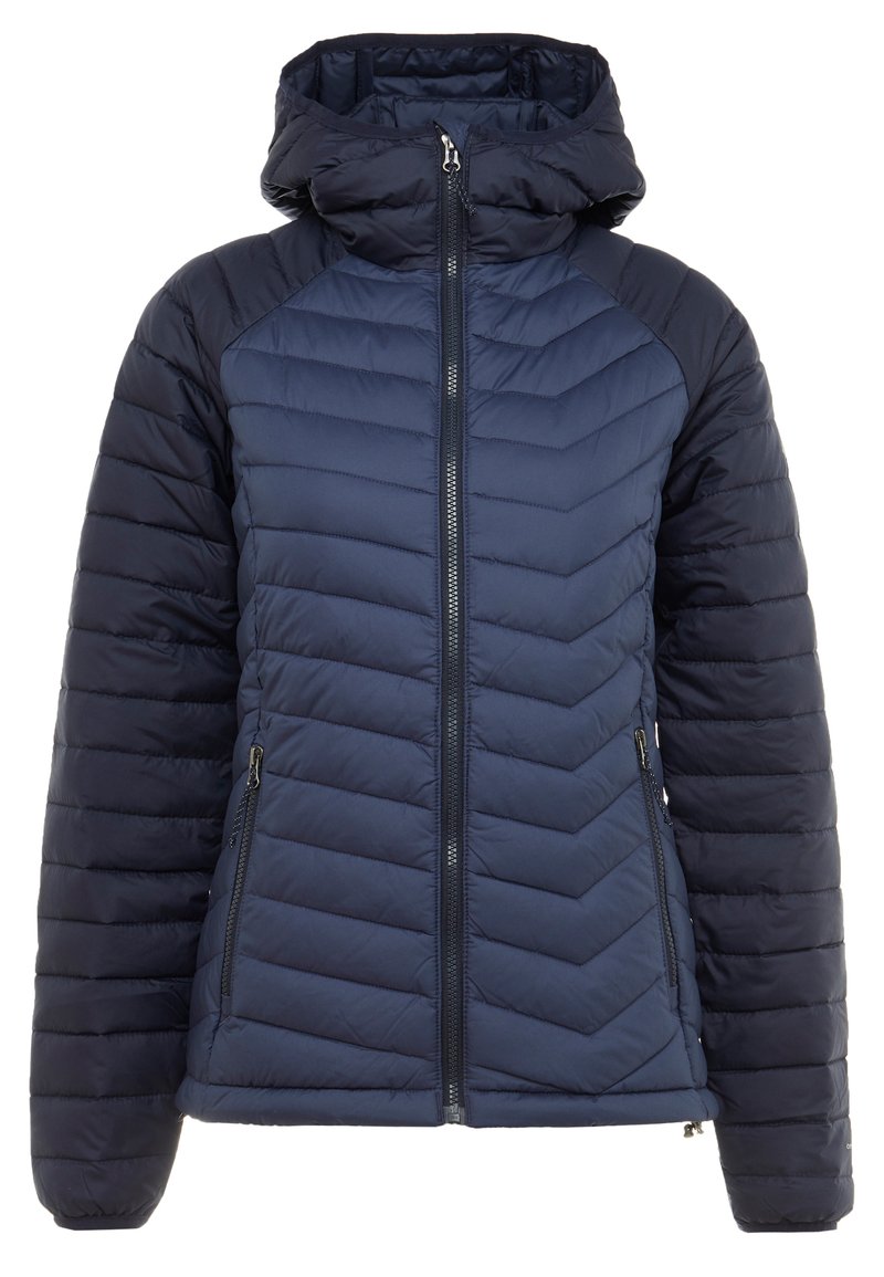 Marinefarbene Steppjacke mit einem Chevron-Muster, Reißverschluss und einer abnehmbaren Kapuze. Verfügt über Reißverschlusstaschen und ein tailliertes Design.