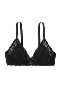 Bralette en dentelle noire de forme triangulaire, avec des bretelles réglables et des bords en dentelle festonnée ; présente des motifs géométriques et un petit nœud central.