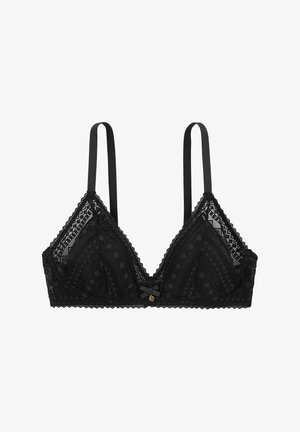 Bralette en dentelle noire de forme triangulaire, avec des bretelles réglables et des bords en dentelle festonnée ; présente des motifs géométriques et un petit nœud central.