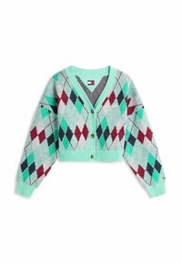 Cardigan accorciato con base verde menta, caratterizzato da un motivo argyle multicolore in rosso, blu scuro e tonalità di verde. Chiusura con bottoni.