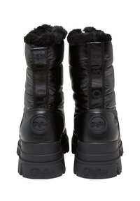 Black puffy winter boots with faux fur lining, featuring a textured rubber sole and a logo accent on the shaft and heel.