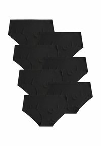 Mustmust mustree komplekt, mis sisaldab seitset paari musti puuvillaseid aluspükse, millel on sile tekstuur, kõrge vöökoht ja elastne vöö.  