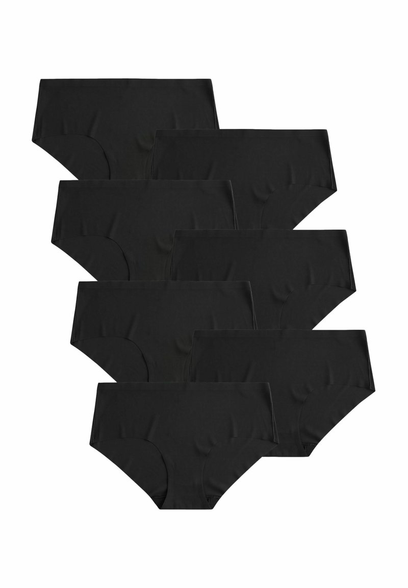 Mustmust mustree komplekt, mis sisaldab seitset paari musti puuvillaseid aluspükse, millel on sile tekstuur, kõrge vöökoht ja elastne vöö.  