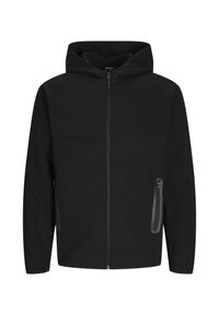 Veste noire à capuche avec fermeture éclair à l'avant et poches latérales zippées, conçue pour un usage décontracté ou en extérieur.