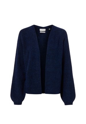 Gilet ouvert bleu marine avec des manches longues légèrement bouffantes. Texture douce, fabriqué en matériau tricoté. Sans fermetures ni motifs.