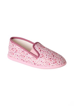 Pink slip-on slipper with small floral pattern, elastic side panel, and soft sole, designed for comfort and indoor use.