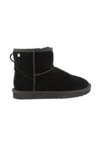 Stivaletti neri in suede con punta rotonda, morbida fodera in pelliccia e suola piatta in gomma. Le caratteristiche includono un anello sul retro e dettagli di cucitura.