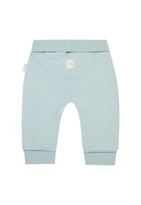 Hellblaue Baumwollhosen mit geripptem Taillenbund und Bündchen, ausgestattet mit einem kleinen Logofenster auf der Rückseite und einer runden, gestickten Detailverarbeitung.