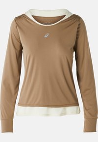 Langärmliges Sportoberteil aus einem hellbraunen Stoff, mit einem cremefarbenen Ausschnitt und Saum. Hat ein tailliertes Design und das Asics-Logo in Silber.