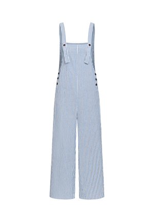 Blauw-witte verticale gestreepte wijde overall met verstelbare schouderbanden en knoopdetails aan de zijkanten.