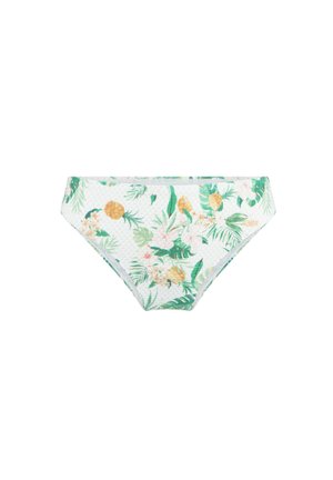 Bloemige bikini onderkant met een witte achtergrond, versierd met groene bladeren, gele ananassen en roze bloemen. Gemaakt van rekbare stof.
