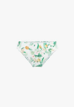 Floral bikini bottom with a white background, featuring green leaves, yellow pineapples, and pink flowers. Made from stretchy fabric.