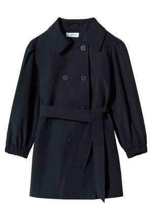 Černý dvouřadý trenčkot s páskem, dlouhými nafouklými rukávy s elastickými manžetami a širokým límcem.