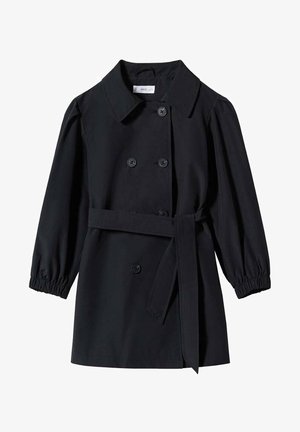 Czarny dwurzędowy płaszcz trencz z paskiem, długimi bufkami z elastycznymi mankietami oraz szerokim kołnierzem.