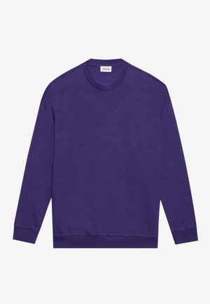 Felpa a maniche lunghe viola con colletto a girocollo, polsini e orlo a costine, design semplice e una piccola etichetta bianca del marchio all'interno del colletto.