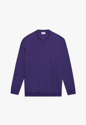 Sweatshirt de manga longa em roxo, com punhos e bainha de canelado, design simples e uma pequena etiqueta branca da marca dentro do colarinho.