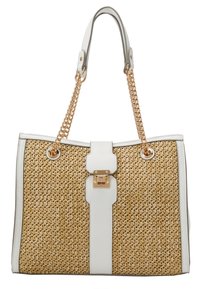 Torebka z plecionego słomy z białymi skórzanymi akcentami, złotymi detalami i prostokątnym kształtem. Posiada dwa łańcuchowe paski i centralny zamek.