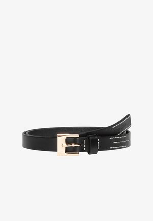 Black leather belt featuring a rectangular gold-tone buckle, double stitching in white, and a smooth texture. Brand name embossed on strap.