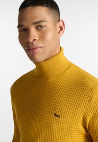 Senf žuti pulover s turtle neck izradom s teksturiranim waffle pletenjem i malim tamnim logotipom na lijevoj strani prsnog koša.