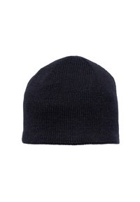 Gebreide zwarte beanie met een ronde bovenkant en ribbeltextuur, met een omgevouwen zoom en naadloze constructie.