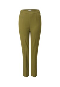 Olijfgroene op maat gemaakte broek met een gladde textuur, een vlakke voorkant en lichte plooien; heeft een zijknopdetail en een taps toelopende pijp.