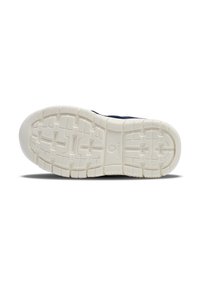Sole of a sneaker with patterned tread and "hummel" branding on the clean, white rubber outsole against a white background.